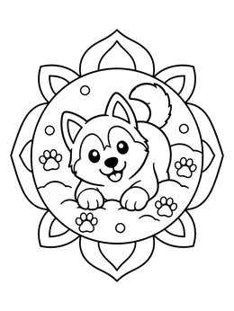 Free printable Cute Husky Puppy In Flower Frame coloring page