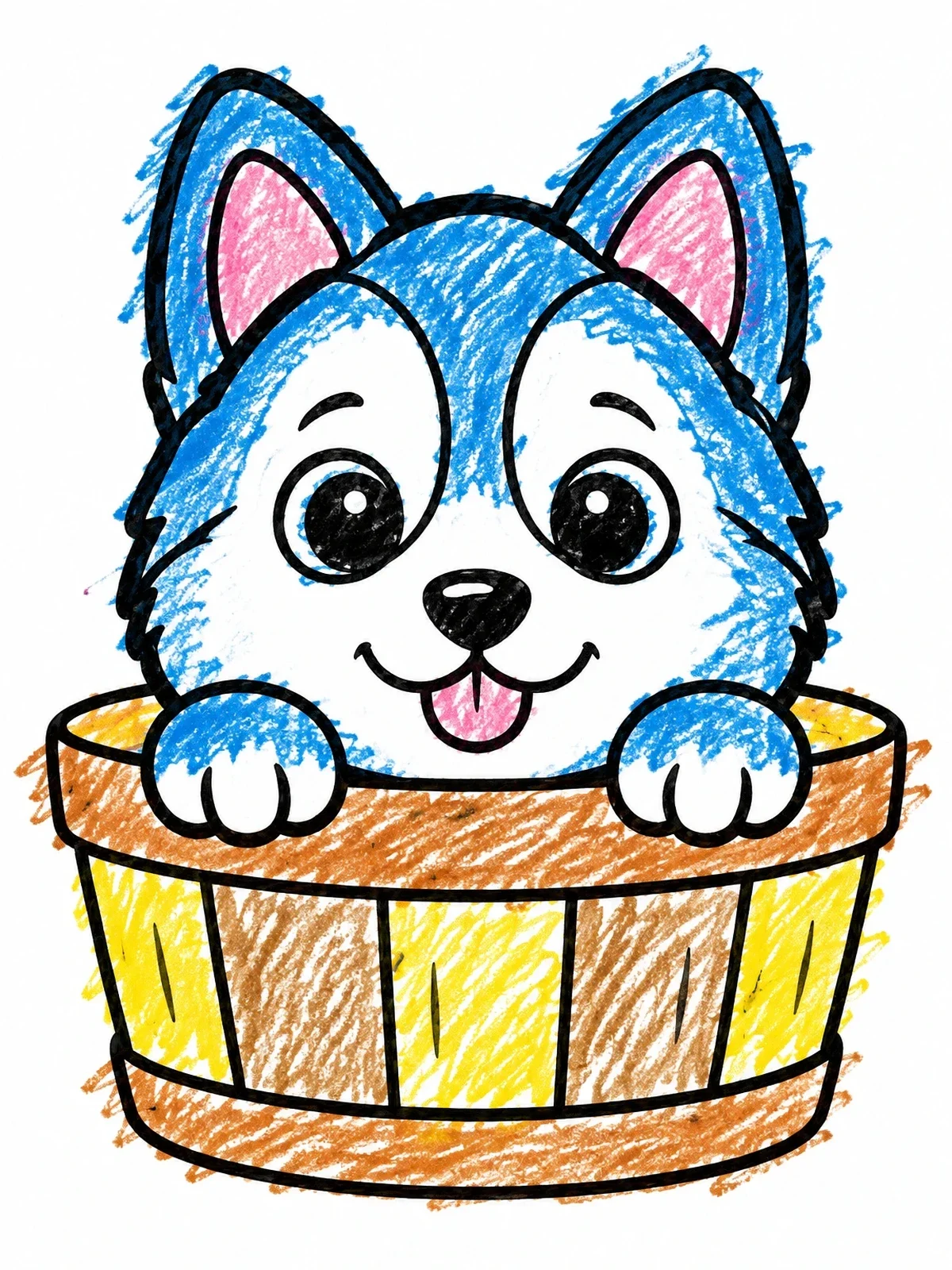 Colored example of the Cute Husky Puppy In A Basket coloring page