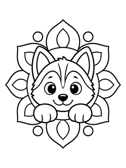A cute husky coloring page featuring a smiling puppy face framed by floral mandala patterns.