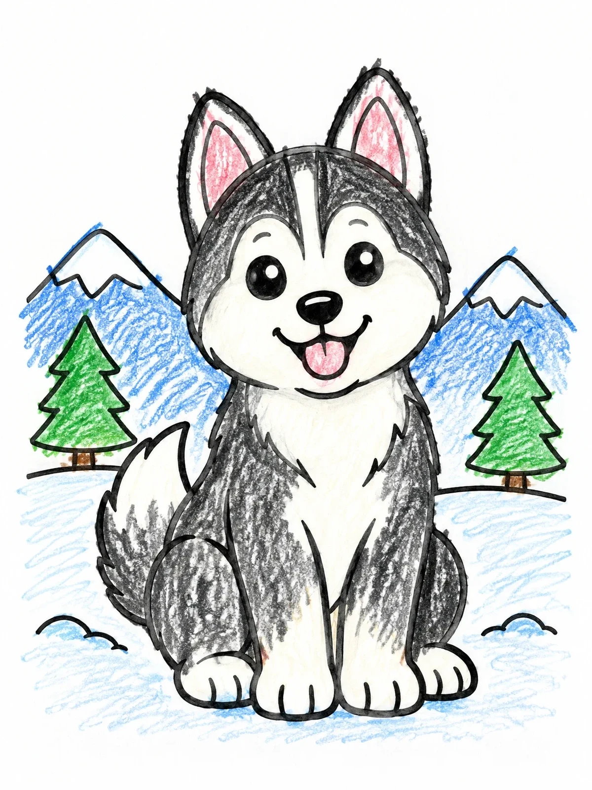 Colored example of the Cute Husky Puppy In Winter Landscape coloring page