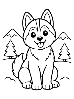 Free printable Cute Husky Puppy In Winter Landscape coloring page