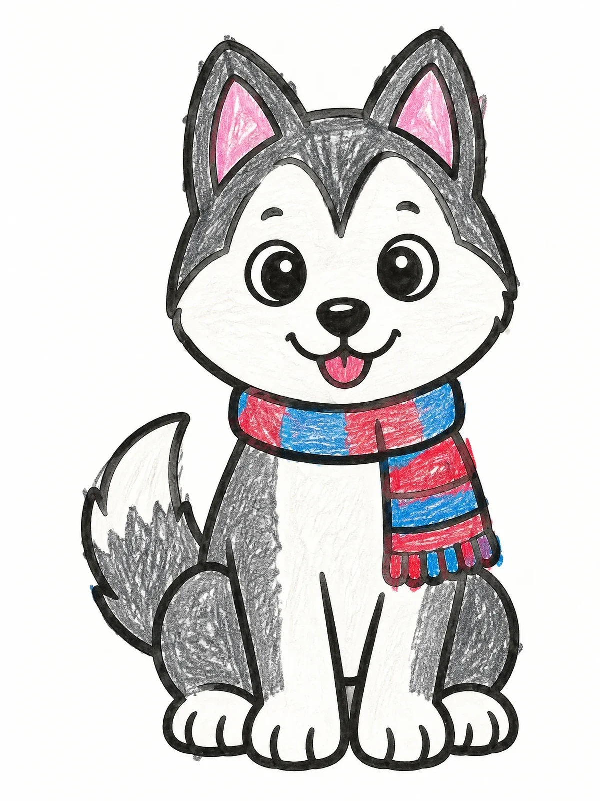 Colored example of the Cute Husky Puppy With Scarf coloring page