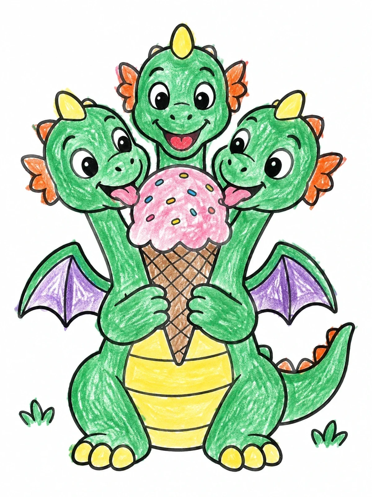 Colored example of the Cute Three Headed Hydra Eating Ice Cream coloring page