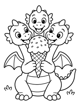 Free printable Cute Three Headed Hydra Eating Ice Cream coloring page