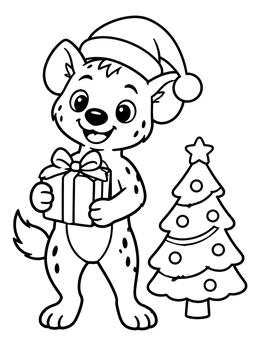 A cheerful cartoon hyena coloring page with a Santa hat, wrapped gift, and Christmas tree.