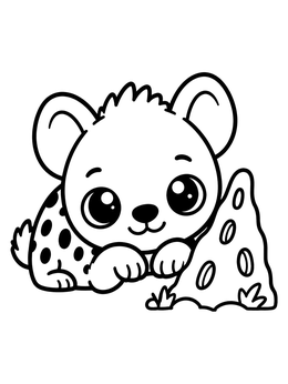 A cute hyena coloring page showing an adorable spotted cub resting beside a termite mound.