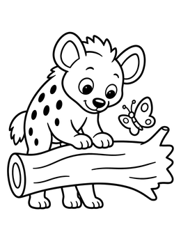 A playful hyena coloring page featuring a baby hyena looking over a log at a butterfly.