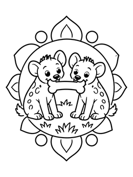 Two playful hyena cubs sharing a bone in this hyena coloring page with decorative frame.