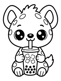 A hyena coloring page featuring a cute cartoon cub sipping iced boba tea.