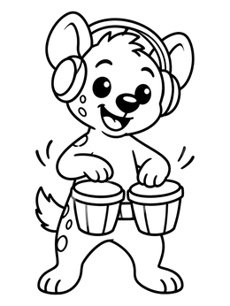 A cheerful hyena coloring page featuring a cub wearing headphones and playing bongo drums.