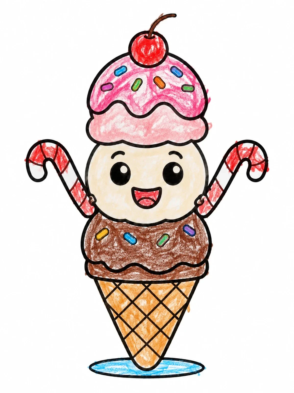 Colored example of the Cute Ice Cream Cone Snowman coloring page