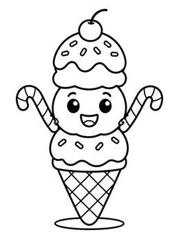 A cheerful ice cream scoops coloring page showing stacked scoops with candy cane arms.
