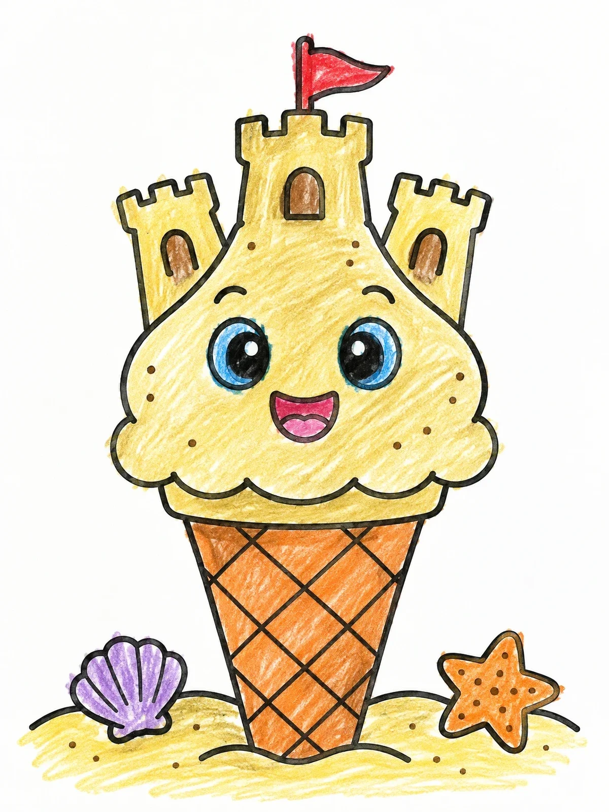 Colored example of the Cute Ice Cream Sand Castle coloring page