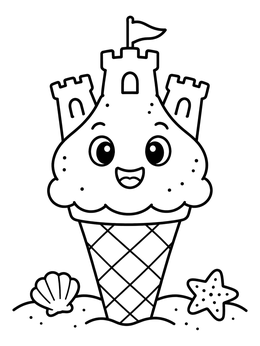 A happy ice cream sand castle coloring page sitting on the beach.