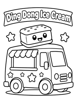 A cheerful ice cream truck coloring page with an ice cream sandwich on top.