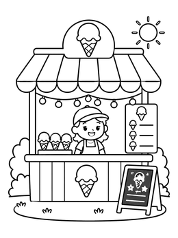 A cheerful girl selling treats at a booth on this ice cream coloring page.