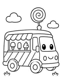 Happy cartoon ice cream truck coloring page with a giant lollipop on top.