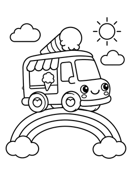 Free printable Cute Ice Cream Truck On Rainbow coloring page
