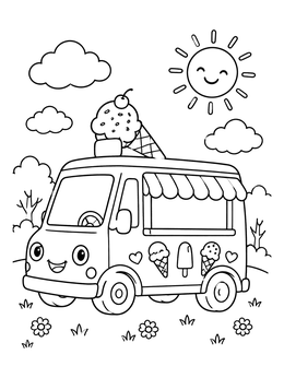 Free printable Cute Ice Cream Truck On A Sunny Day coloring page