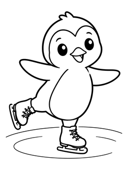 A cheerful baby penguin coloring page showing the bird gliding on ice skates.