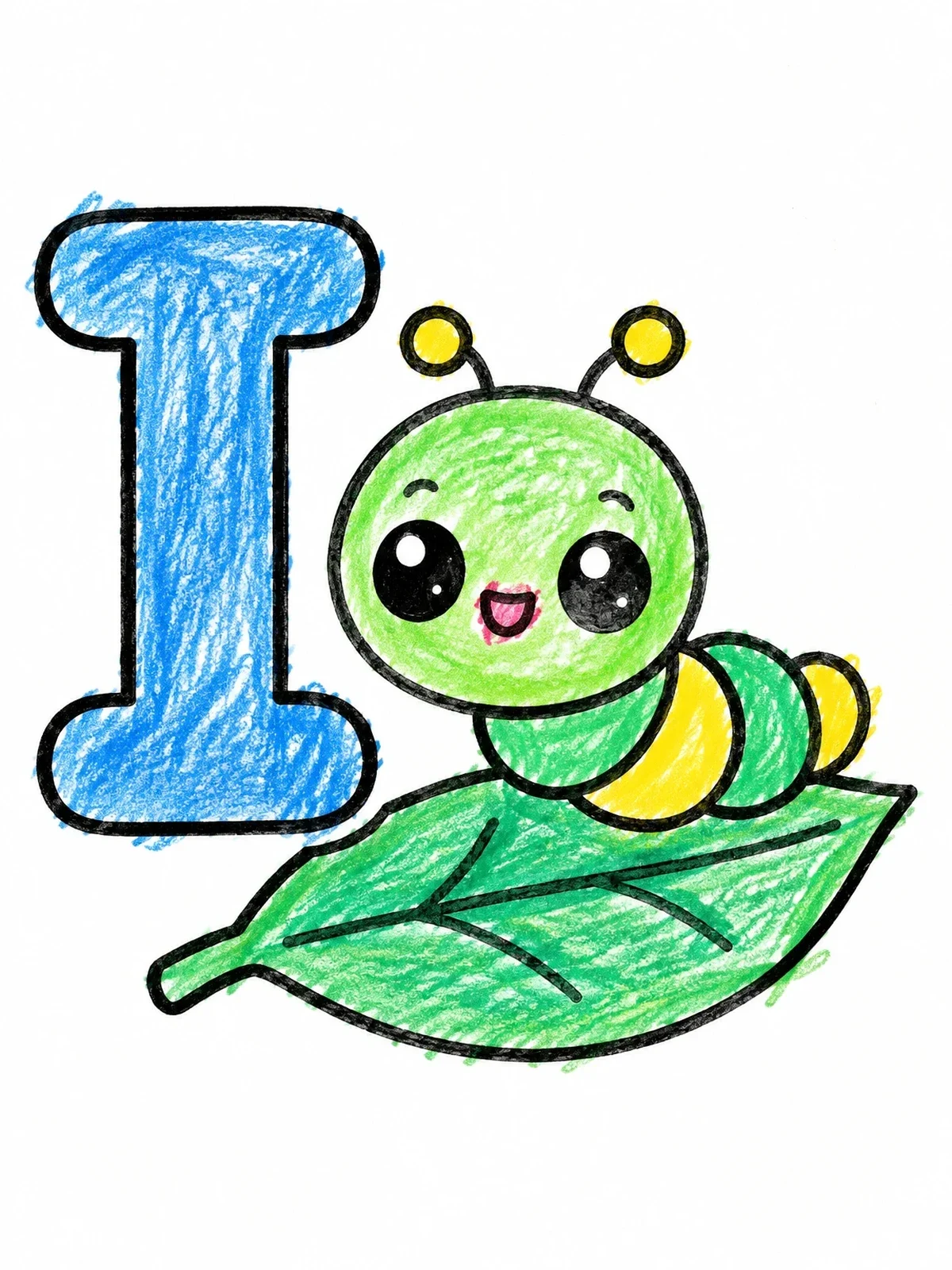 Colored example of the Cute Inchworm And Letter I coloring page