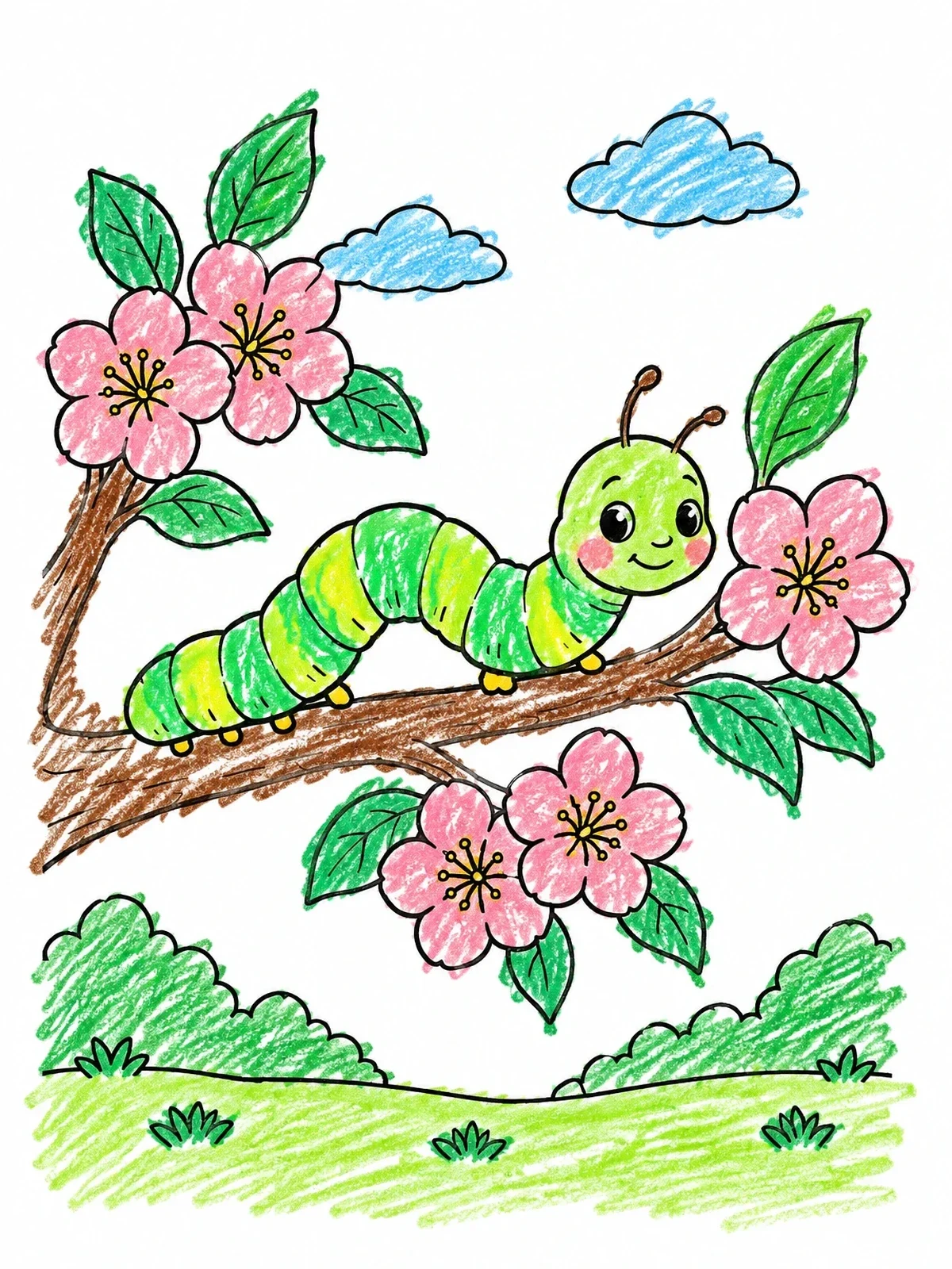 Colored example of the Cute Inchworm On A Blossoming Branch coloring page