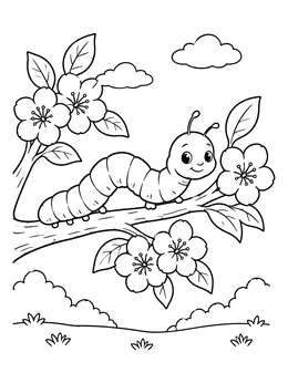 Free printable Cute Inchworm On A Blossoming Branch coloring page