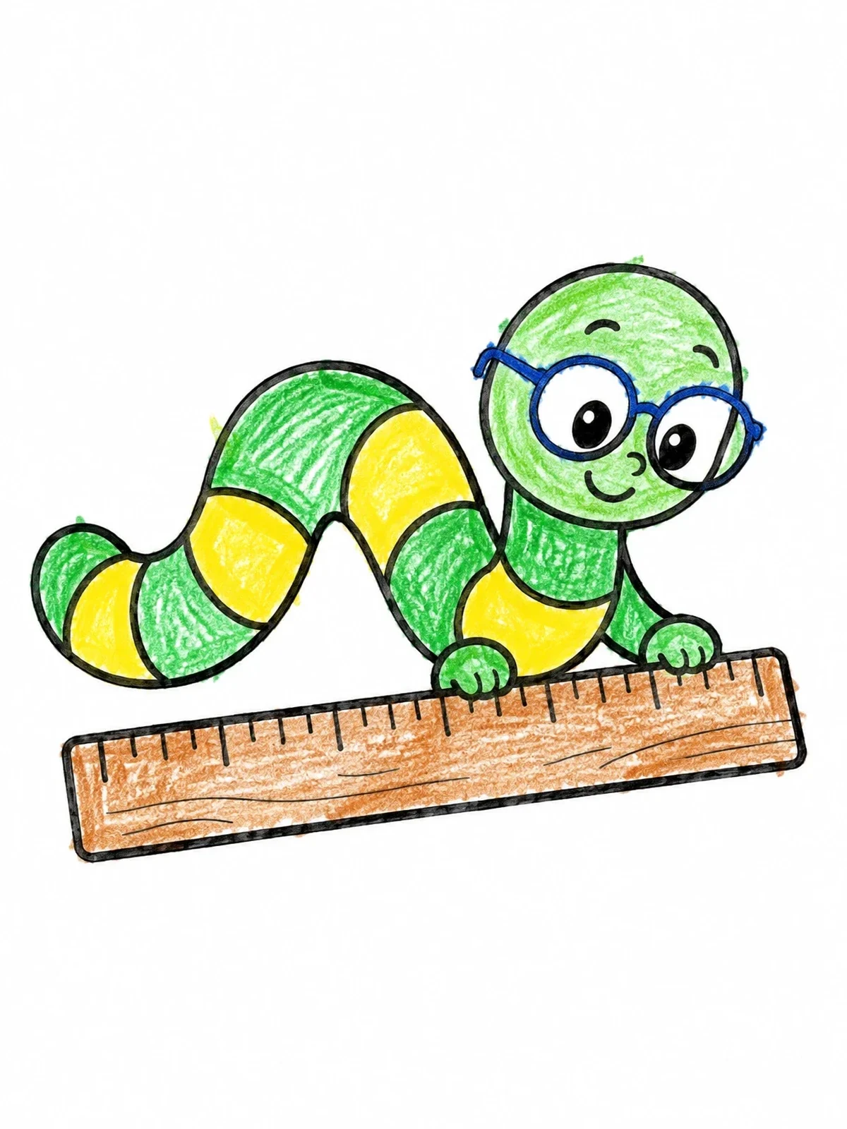 Colored example of the Cute Inchworm With Glasses On Ruler coloring page