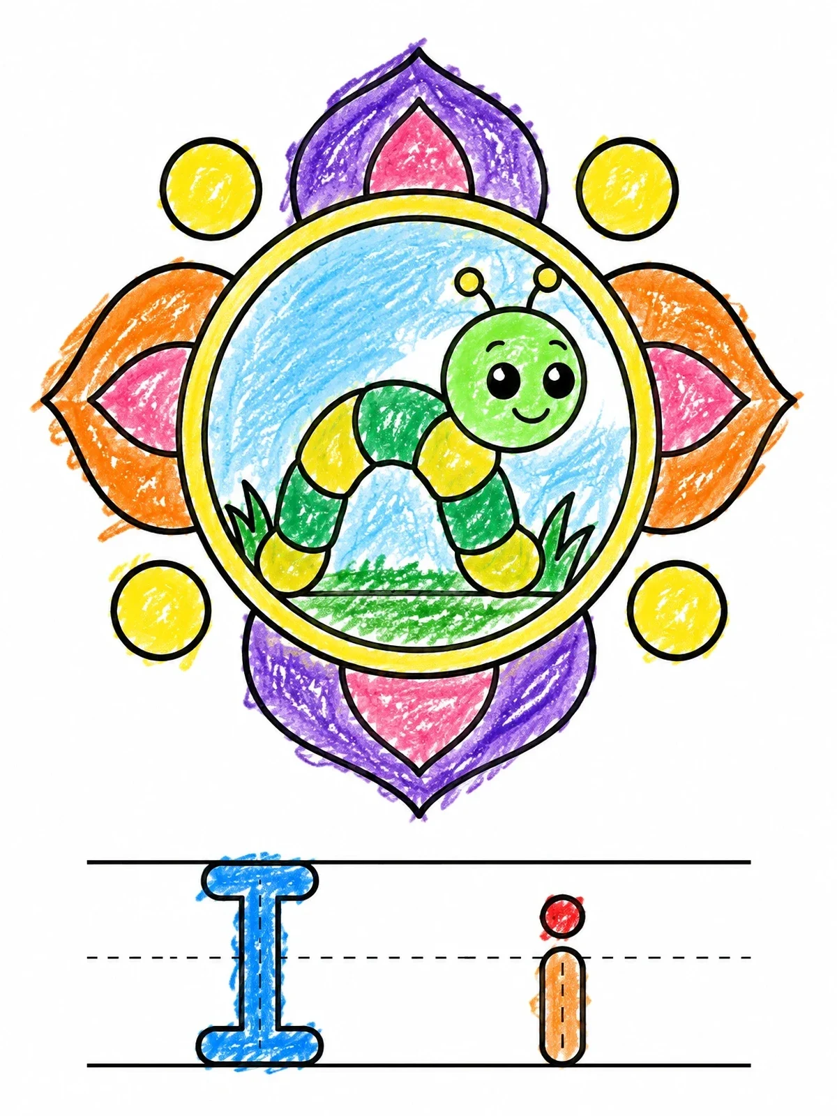 Colored example of the Cute Inchworm With Letter I coloring page