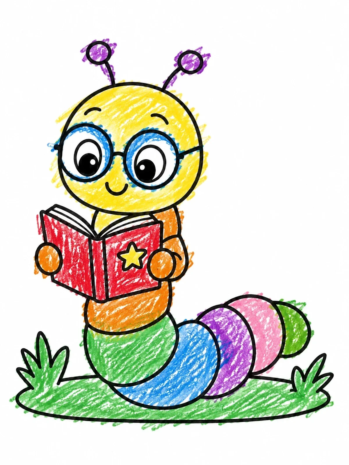 Colored example of the Cute Inchworm Reading A Book coloring page