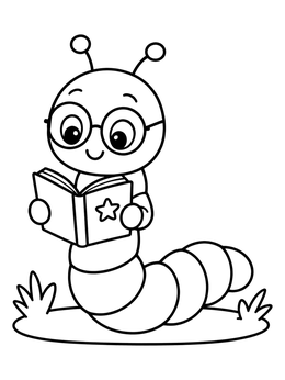 A cheerful inchworm coloring page featuring a worm with round glasses reading a book.