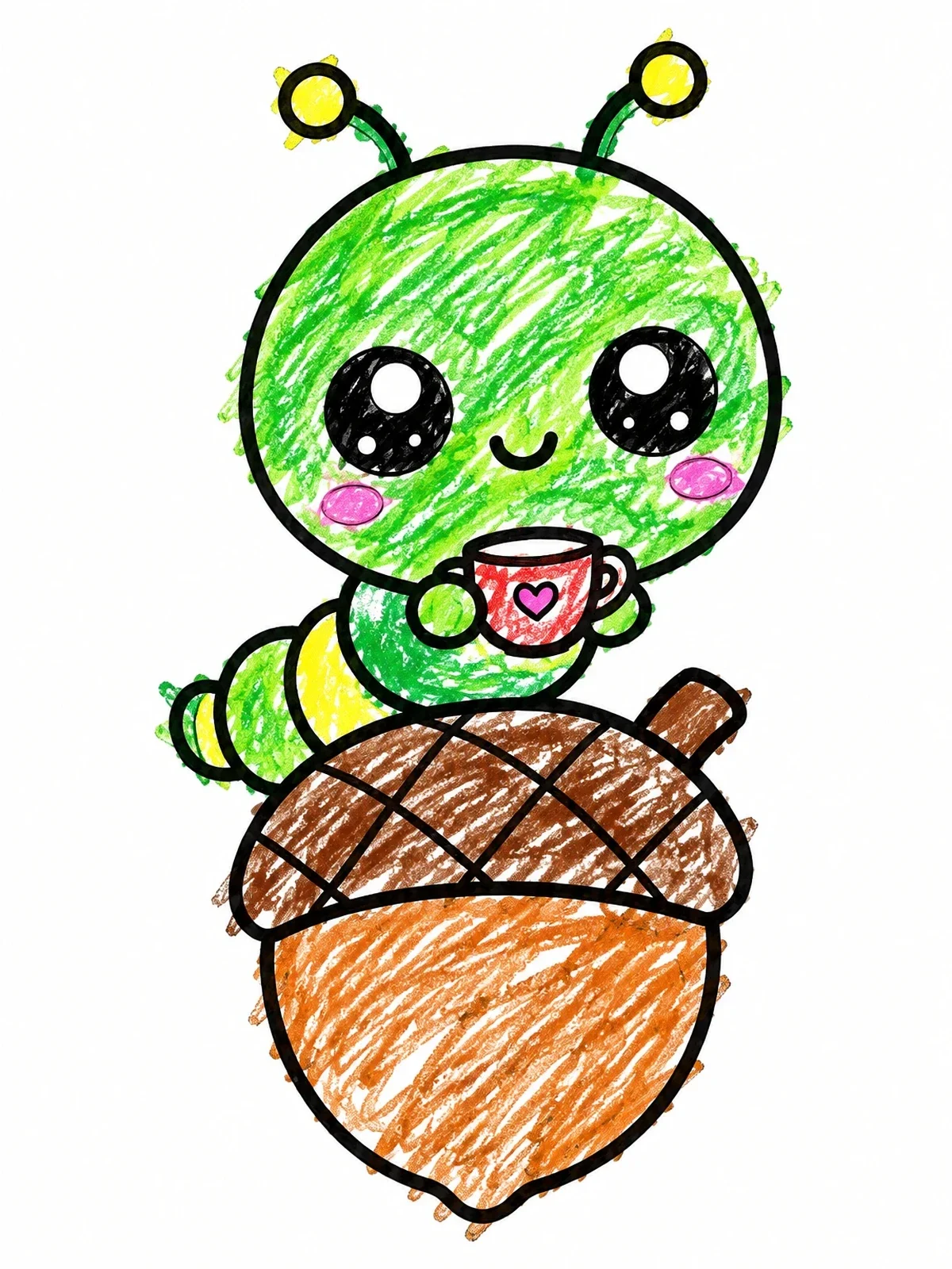 Colored example of the Cute Inchworm On An Acorn coloring page