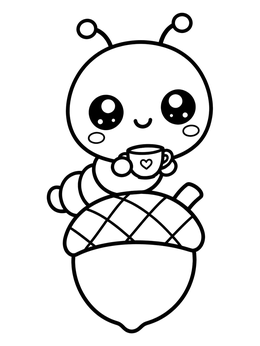 A cute inchworm coloring page featuring a little caterpillar drinking tea on an acorn.