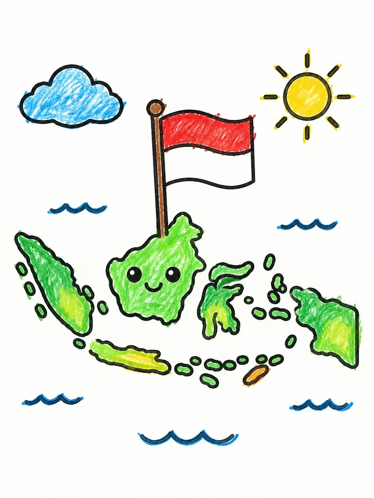 Colored example of the Cute Indonesia Map With Flag coloring page