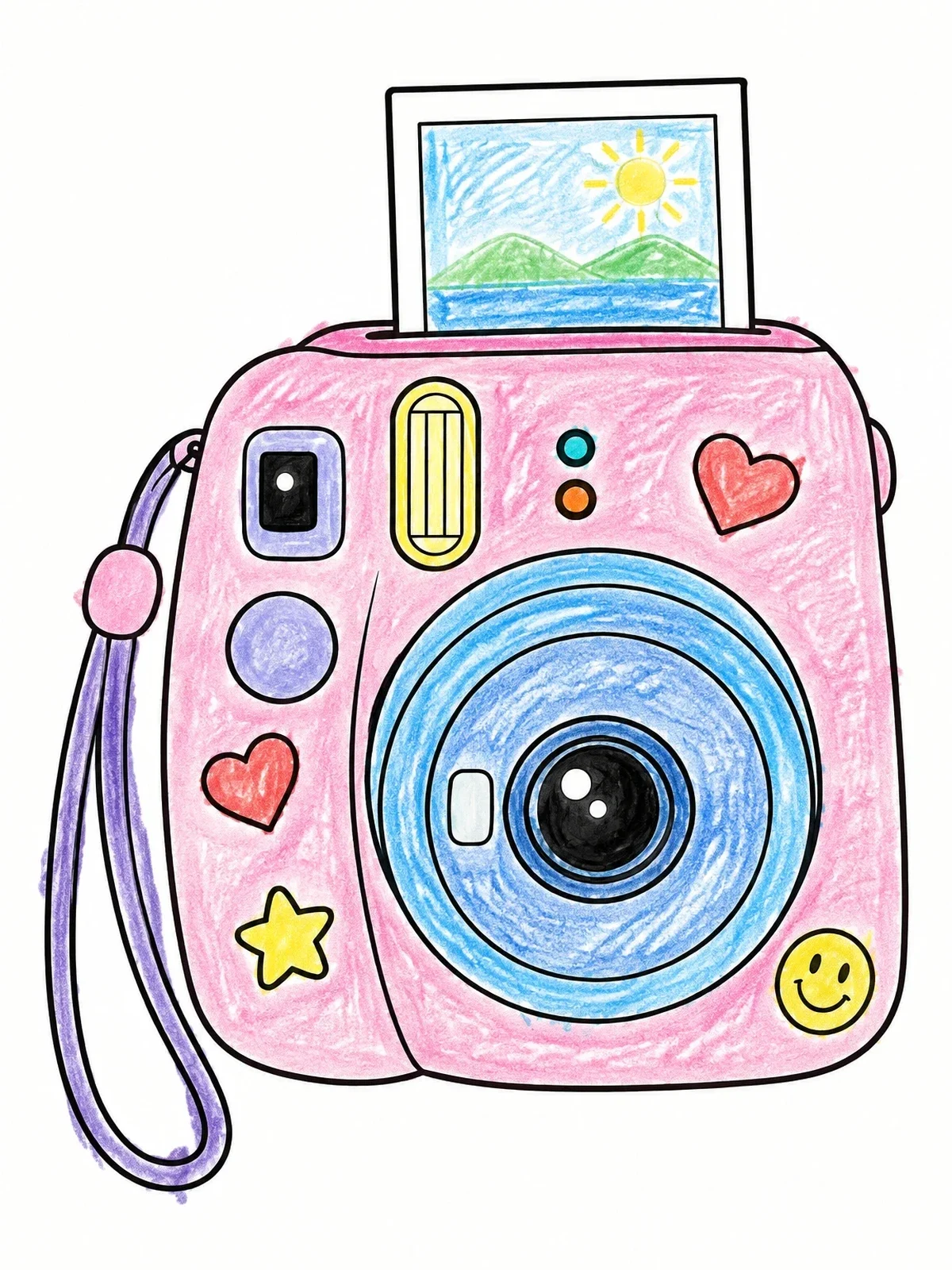 Colored example of the Cute Instant Camera With Stickers coloring page