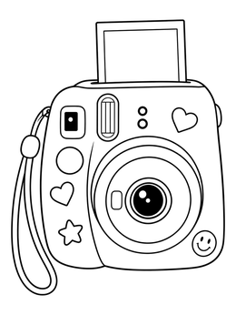 A cute instant camera coloring page with heart stickers, a wrist strap, and an emerging photo print.