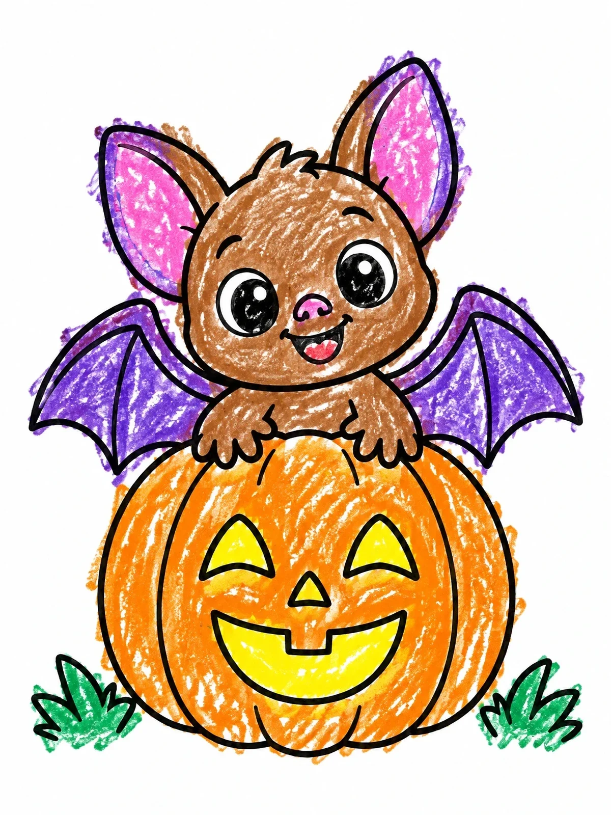 Colored example of the Cute Baby Bat On Jack O' Lantern coloring page