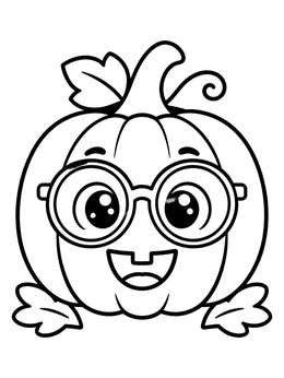 A smiling, cute jack o lantern coloring page featuring a pumpkin with big round glasses.