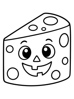 A cute cheese wedge with a smiling jack-o'-lantern face in this cheese coloring page.