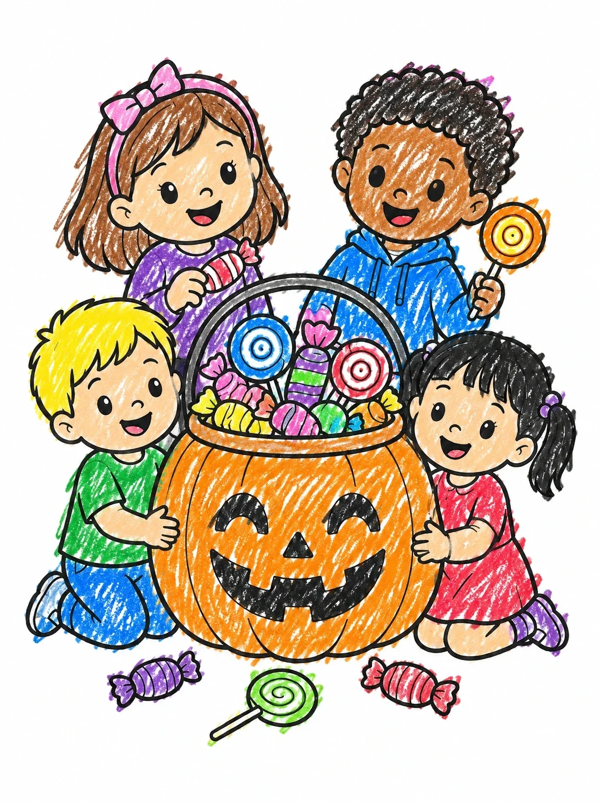 Colored example of the Happy Kids Around A Jack O' Lantern Treat Bucket coloring page