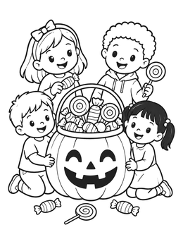 Happy children surround a pumpkin candy bucket in this cute jack o lantern coloring page.