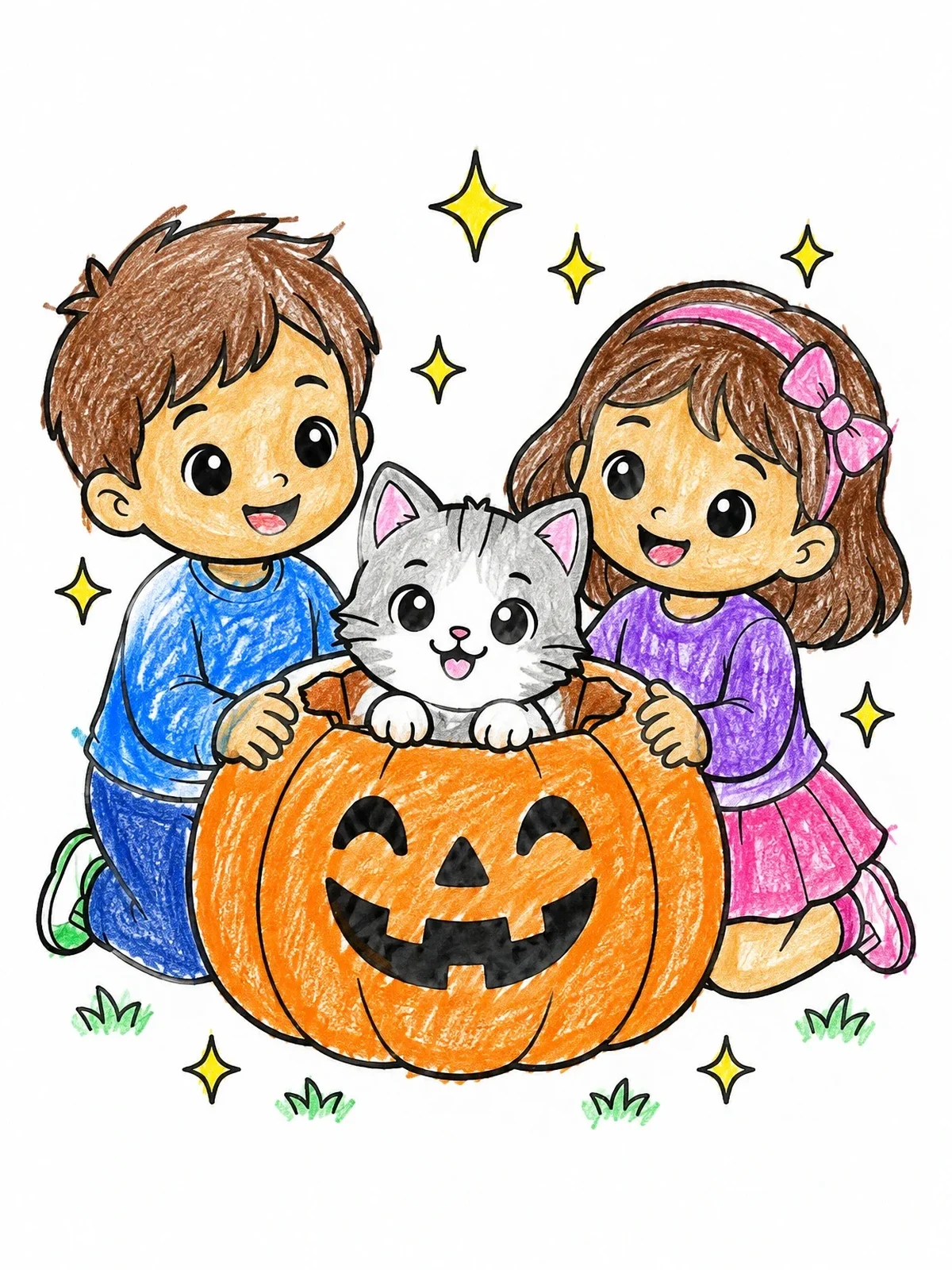 Colored example of the Children With Kitten In Pumpkin coloring page