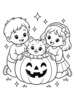 Free printable Children With Kitten In Pumpkin coloring page