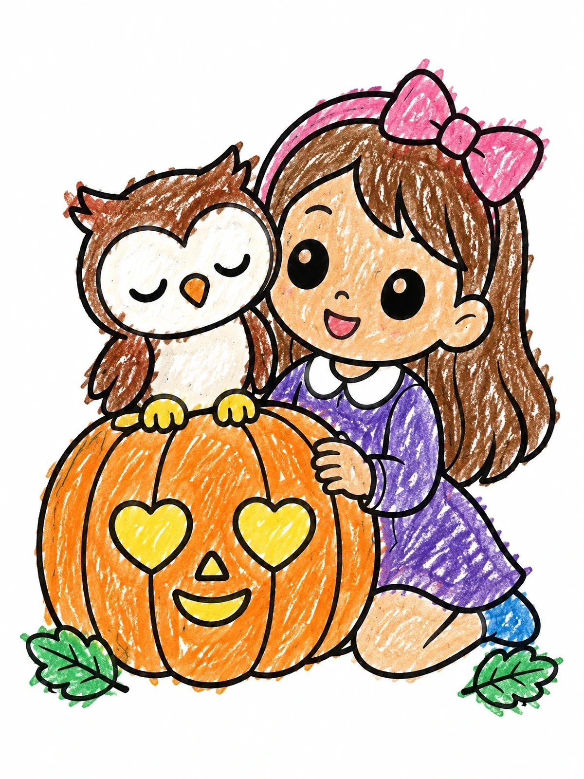Colored example of the Girl And Owl With Heart Pumpkin coloring page