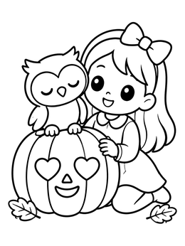 A girl and little owl beside a cute jack o lantern coloring page with heart eyes.