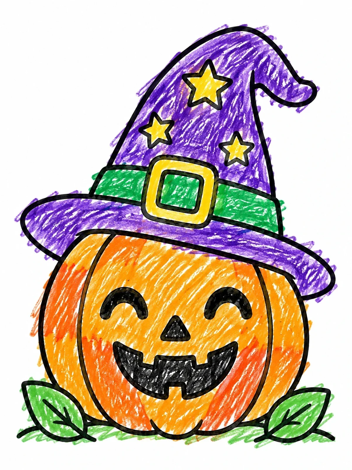 Colored example of the Jack O' Lantern With Witch Hat coloring page