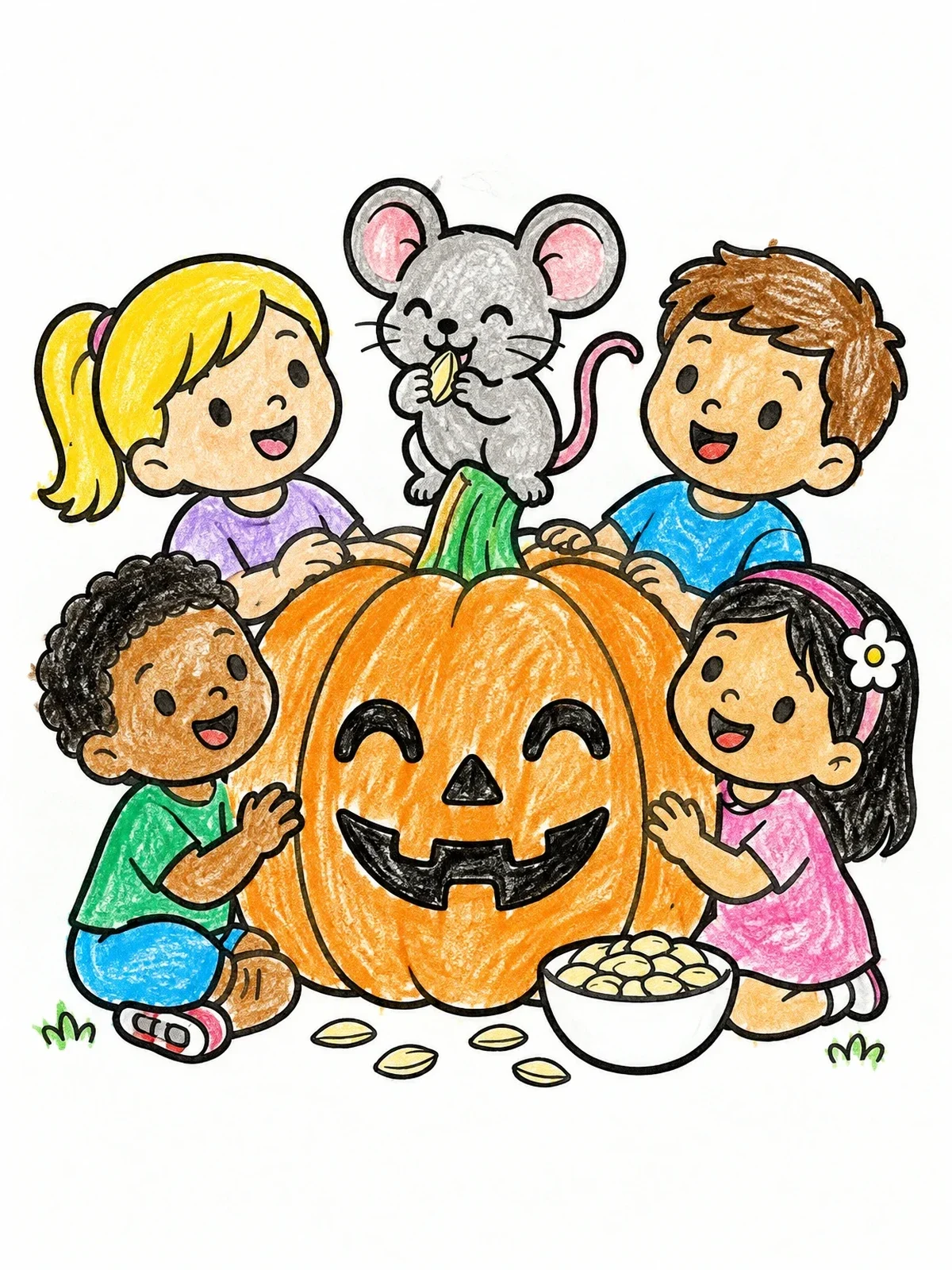 Colored example of the Kids And Mouse With Jack O' Lantern coloring page