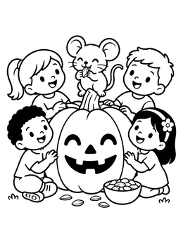 Happy children and a mouse gather around a cute jack o lantern coloring page.