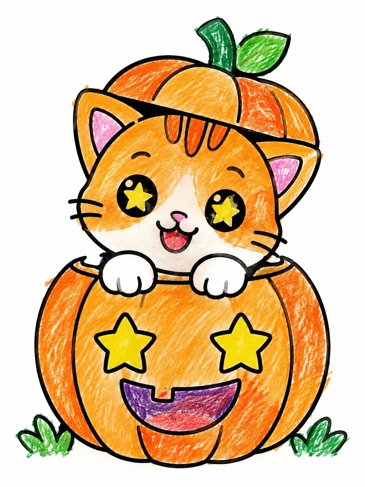 Colored example of the Kitten Peeking From A Jack O' Lantern coloring page