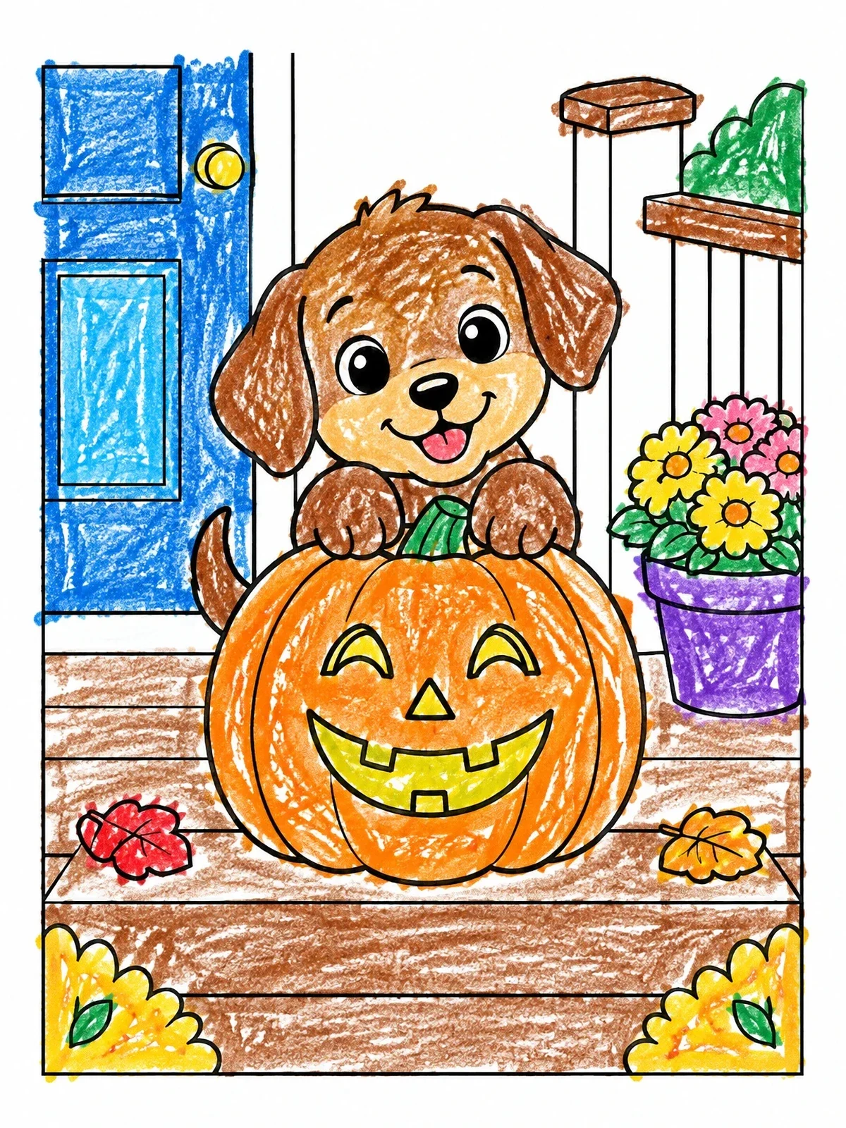 Colored example of the Playful Puppy With Jack O' Lantern On Porch coloring page